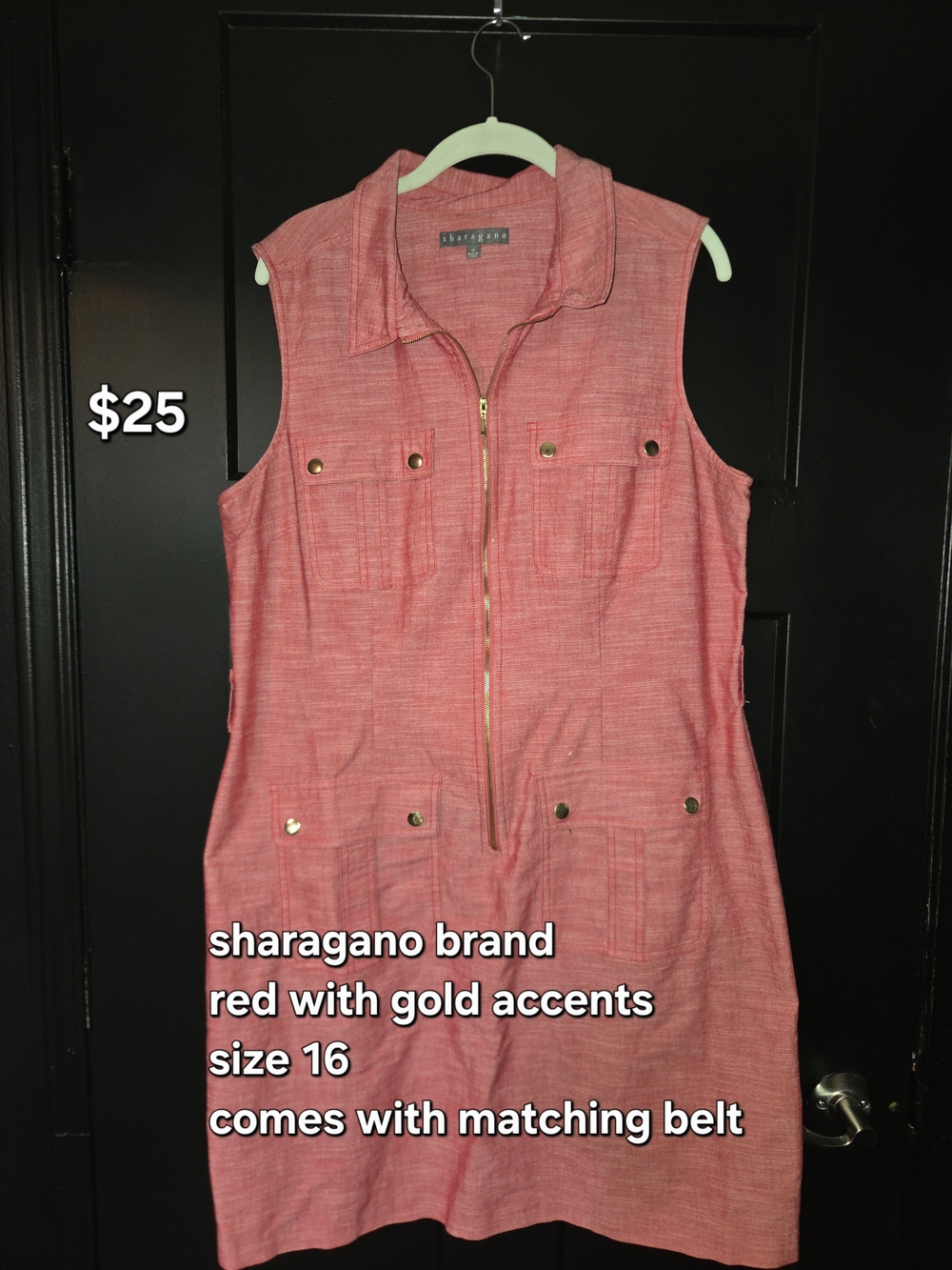 Sharagano Coral Sleeveless Zip-Front Dress with Gold Accents
